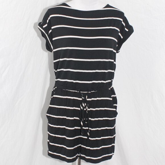 Romper with Pockets Drawstring Waist Rae Mode Womens Medium Black White Stripes - Picture 1 of 9